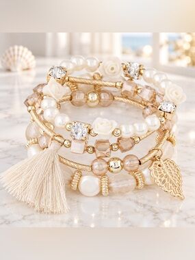 White Gold Boho Layered Bracelet Set Faux Pearl Floral Crystal Tassel Leaf NEW